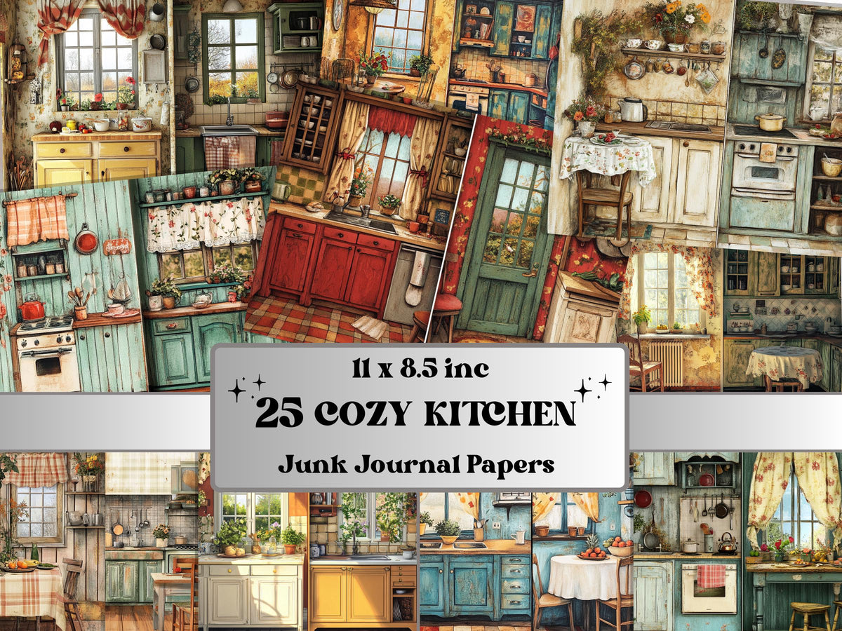 Cozy Kitchen Corner Junk Journal Kit, Country Kitchen Scenes Pages Ephemera, Relaxing Collage Sheet, Scrapbook Paper, Cozy Nook Background