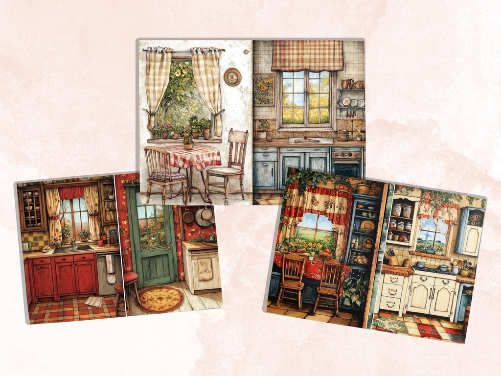 Cozy Kitchen Corner Junk Journal Kit, Country Kitchen Scenes Pages Ephemera, Relaxing Collage Sheet, Scrapbook Paper, Cozy Nook Background