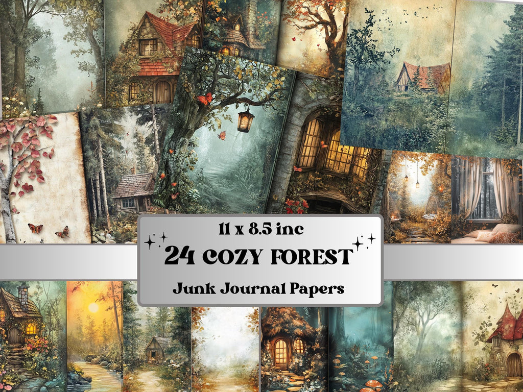 Cozy Forest Corner Junk Journal Kit, Enchanted Forest Scenes Pages Ephemera, Relaxing Collage Sheet, Scrapbook Paper, Cozy Nook Background