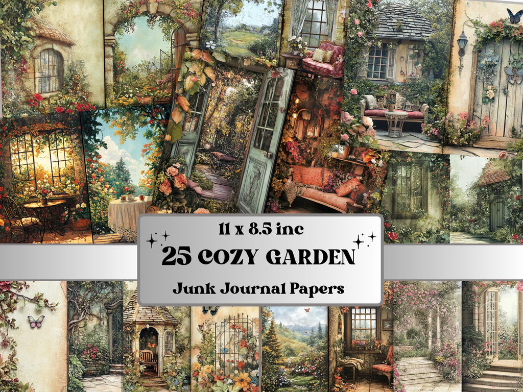 Cozy Garden Corner Junk Journal Kit, Secret Garden Scenes Pages Ephemera, Relaxing Collage Sheet, Scrapbook Paper, Cozy Nook Background