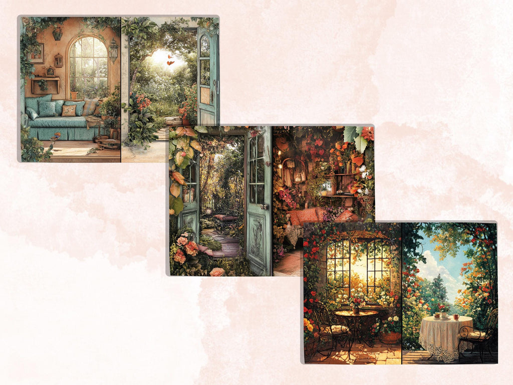 Cozy Garden Corner Junk Journal Kit, Secret Garden Scenes Pages Ephemera, Relaxing Collage Sheet, Scrapbook Paper, Cozy Nook Background