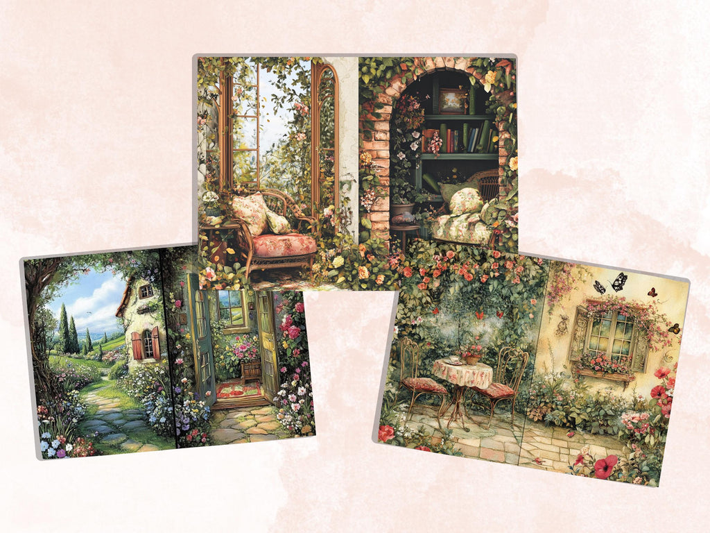 Cozy Garden Corner Junk Journal Kit, Secret Garden Scenes Pages Ephemera, Relaxing Collage Sheet, Scrapbook Paper, Cozy Nook Background