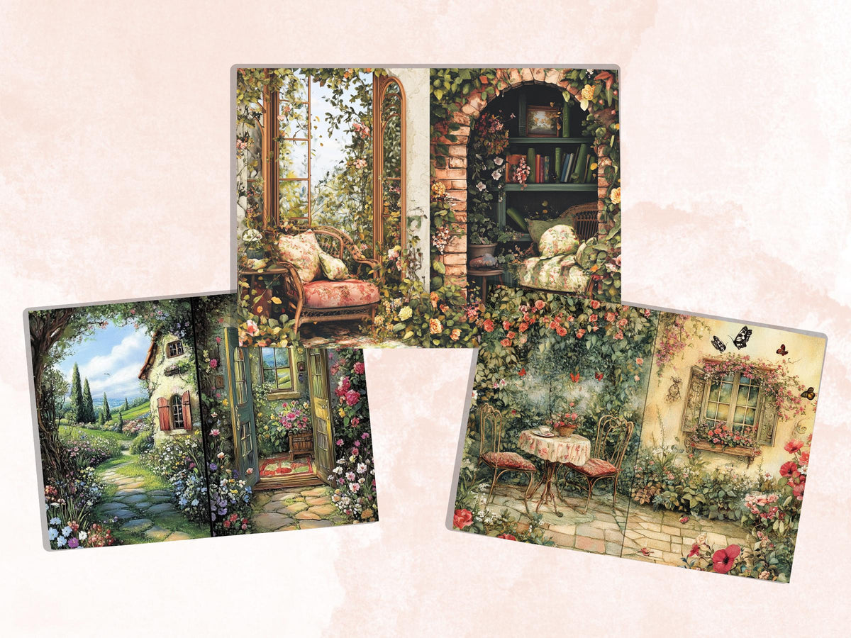 Cozy Garden Corner Junk Journal Kit, Secret Garden Scenes Pages Ephemera, Relaxing Collage Sheet, Scrapbook Paper, Cozy Nook Background