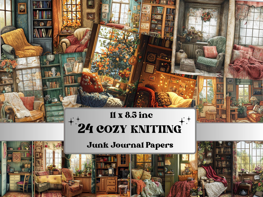 Cozy Knitting Corner Junk Journal Kit, Comfy Knitting Scenes Pages Ephemera, Relaxing Collage Sheet, Scrapbook Paper, Cozy Nook Background