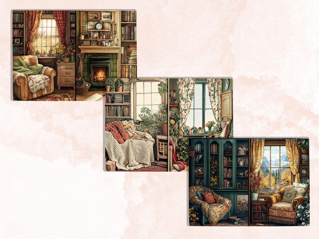 Cozy Knitting Corner Junk Journal Kit, Comfy Knitting Scenes Pages Ephemera, Relaxing Collage Sheet, Scrapbook Paper, Cozy Nook Background