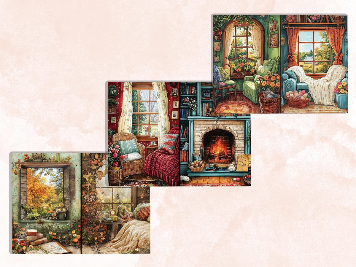 Cozy Knitting Corner Junk Journal Kit, Comfy Knitting Scenes Pages Ephemera, Relaxing Collage Sheet, Scrapbook Paper, Cozy Nook Background