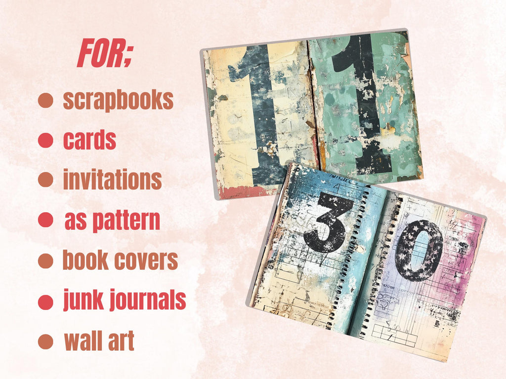Grunge Numbers Junk Journal Kit, Vintage Distressed Grungy Pages Ephemera, Grunge Collage Sheet, Scrapbook Paper, Retro Grungy Background