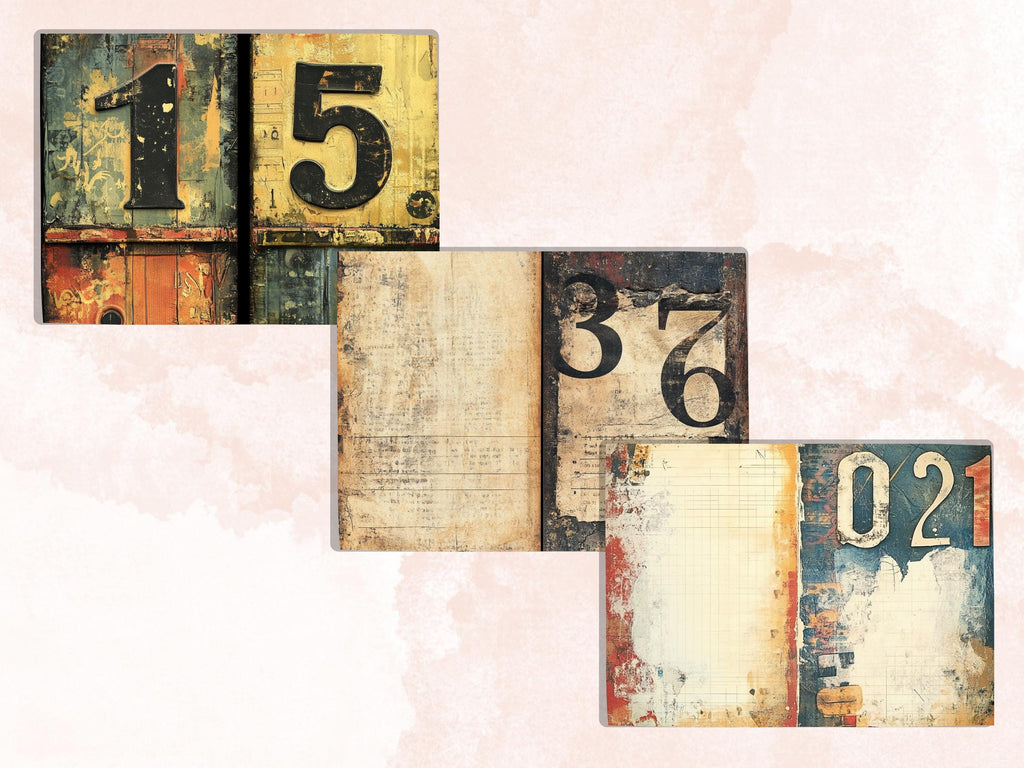 Grunge Numbers Junk Journal Kit, Vintage Distressed Grungy Pages Ephemera, Grunge Collage Sheet, Scrapbook Paper, Retro Grungy Background