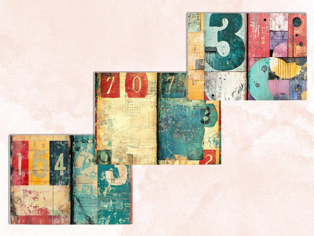 Grunge Numbers Junk Journal Kit, Vintage Distressed Grungy Pages Ephemera, Grunge Collage Sheet, Scrapbook Paper, Retro Grungy Background