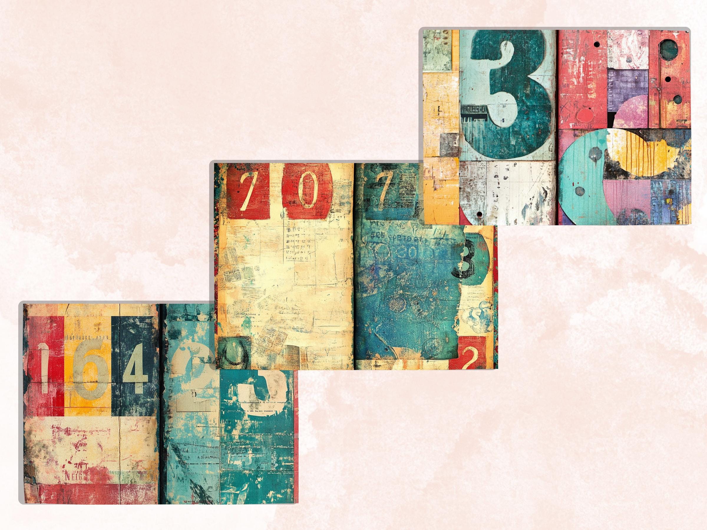 Grunge Numbers Junk Journal Kit, Vintage Distressed Grungy Pages Ephemera, Grunge Collage Sheet, Scrapbook Paper, Retro Grungy Background