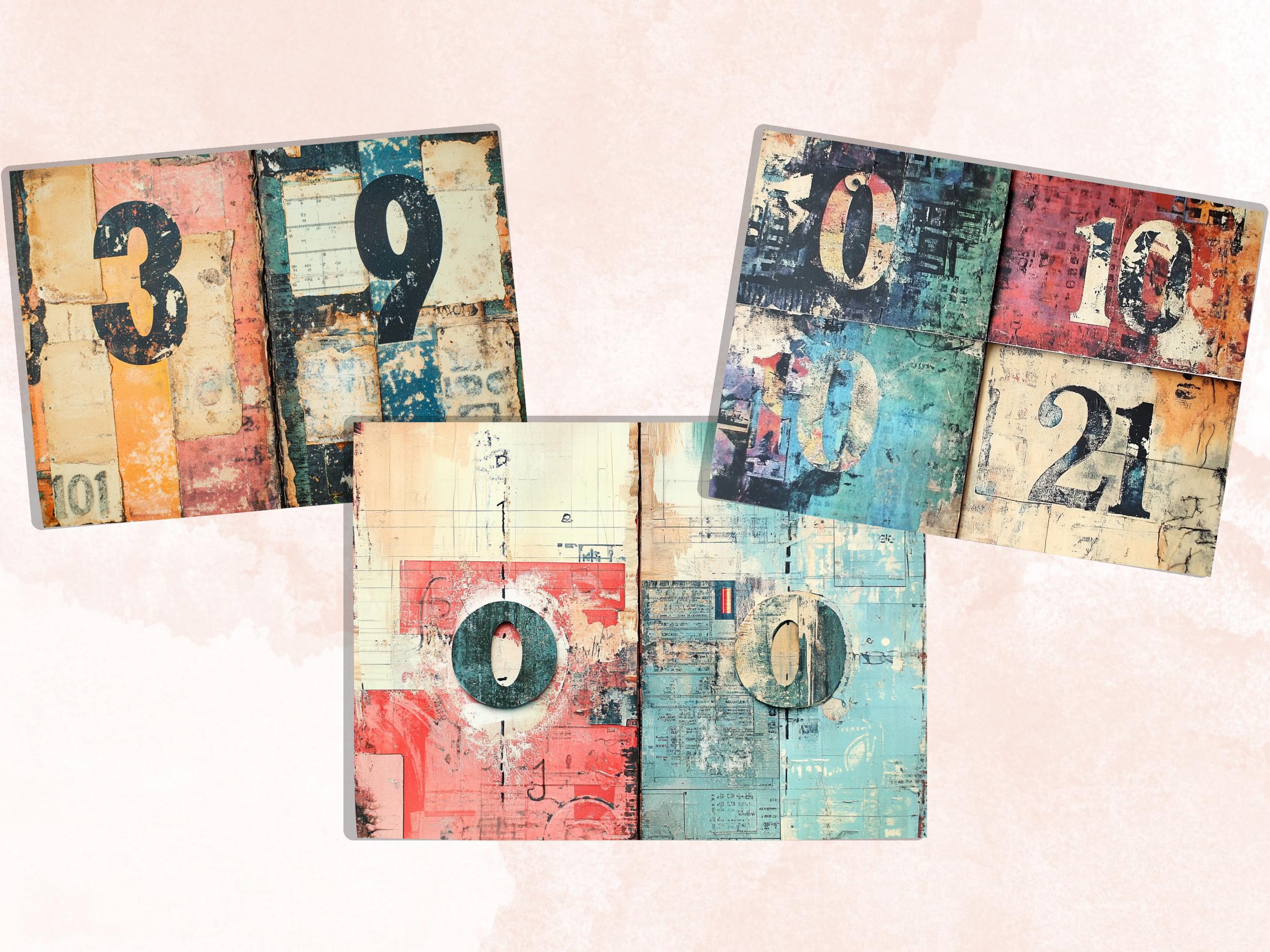 Grunge Numbers Junk Journal Kit, Vintage Distressed Grungy Pages Ephemera, Grunge Collage Sheet, Scrapbook Paper, Retro Grungy Background