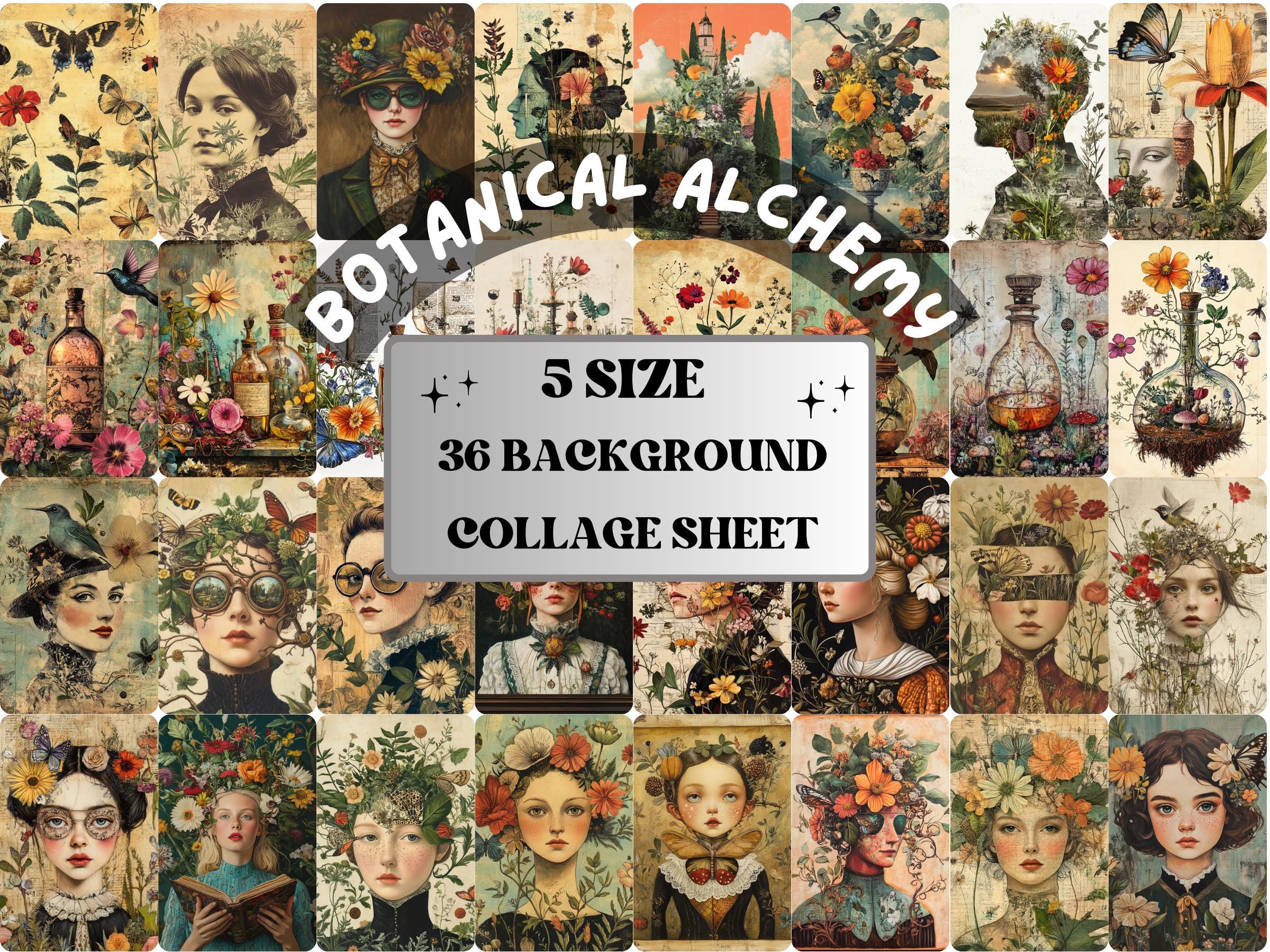 Whimsy Botanical Alchemy Collage Paper, Floral Surreal Mixed Media Sheet, Whimsical Garden Ephemera Image, Quirky Journal, Scrapbook Paper