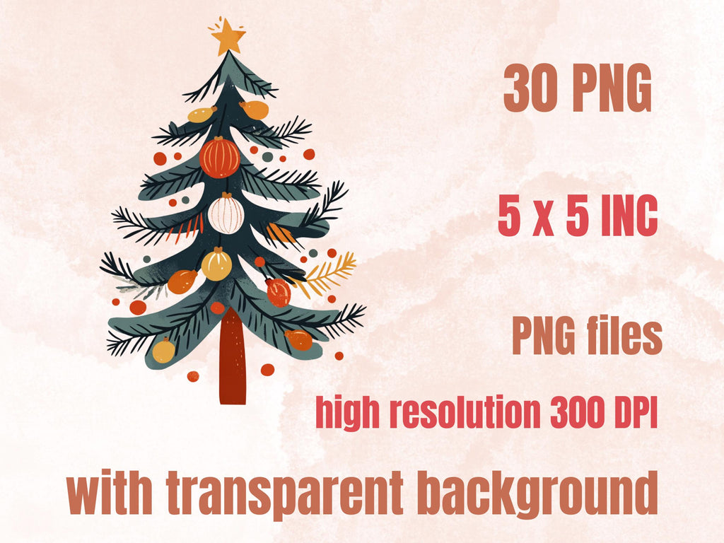 30 PNG Scandinavian Christmas Tree Clipart, Christmas Tree Folk Art Illustrations Clip art, Winter Holiday png, Nordic Xmas Noel Ornaments