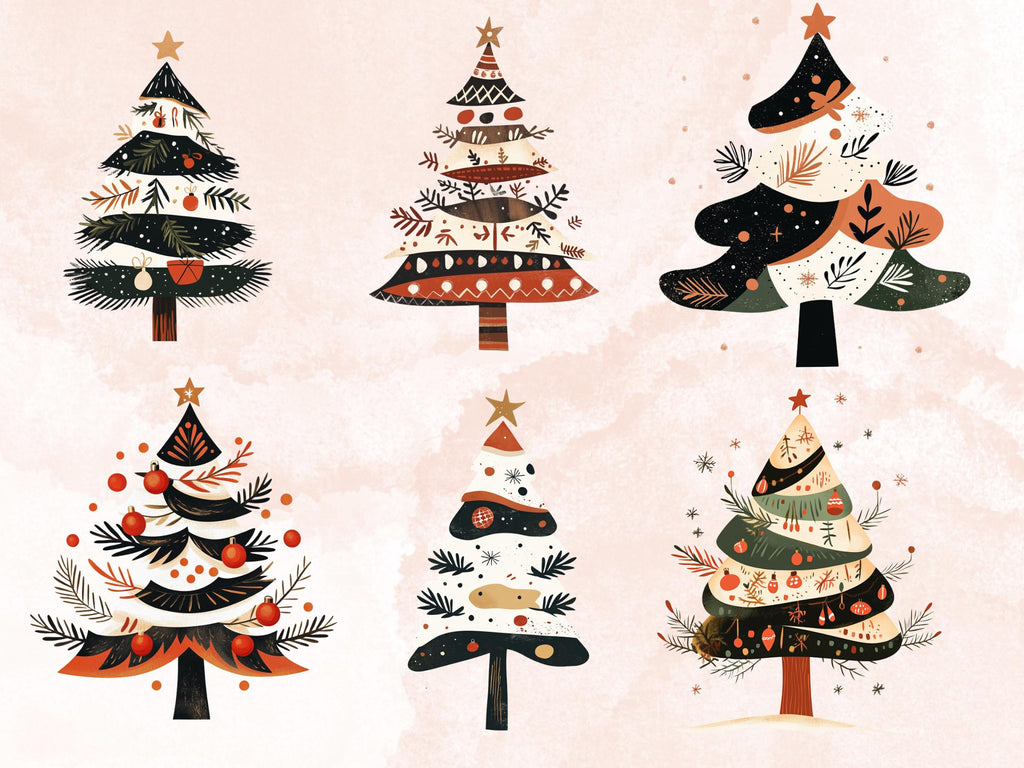 30 PNG Scandinavian Christmas Tree Clipart, Christmas Tree Folk Art Illustrations Clip art, Winter Holiday png, Nordic Xmas Noel Ornaments