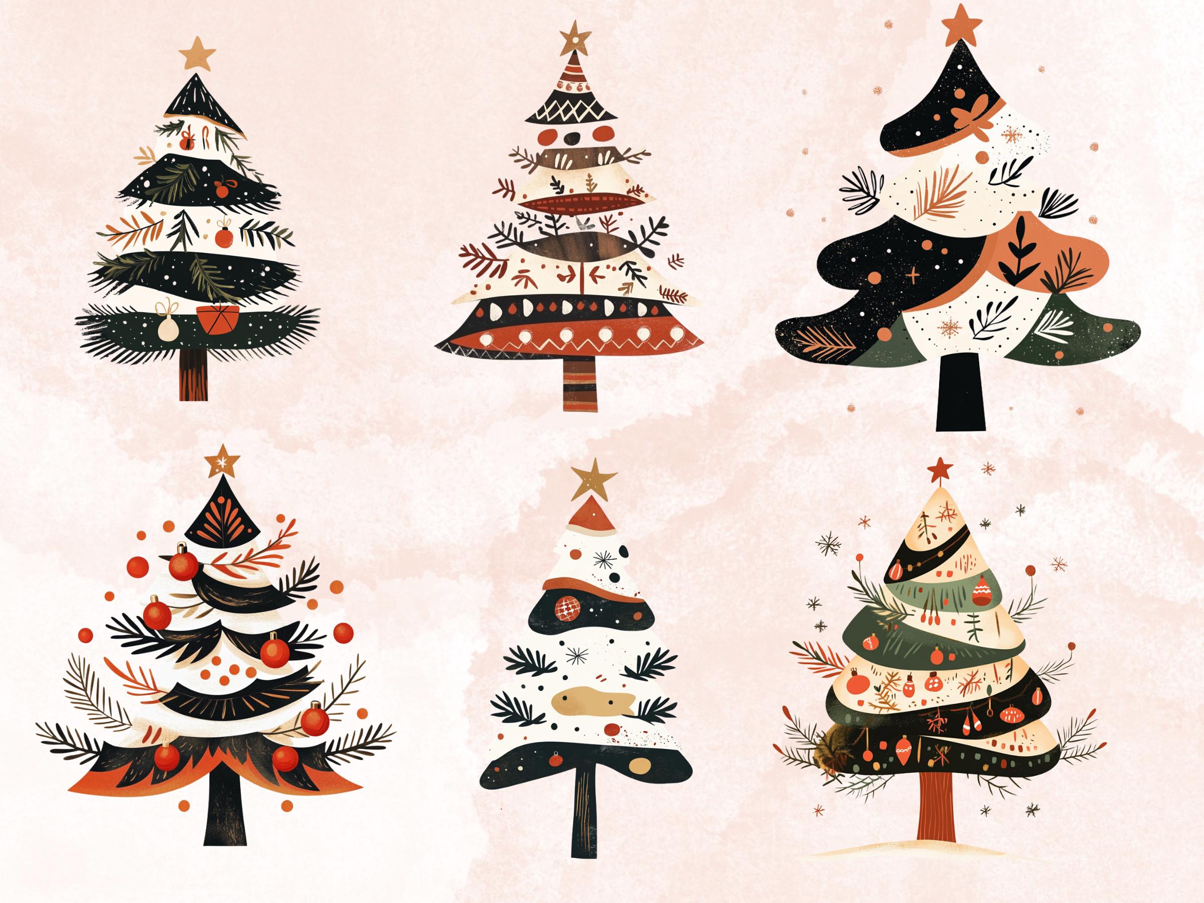 30 PNG Scandinavian Christmas Tree Clipart, Christmas Tree Folk Art Illustrations Clip art, Winter Holiday png, Nordic Xmas Noel Ornaments