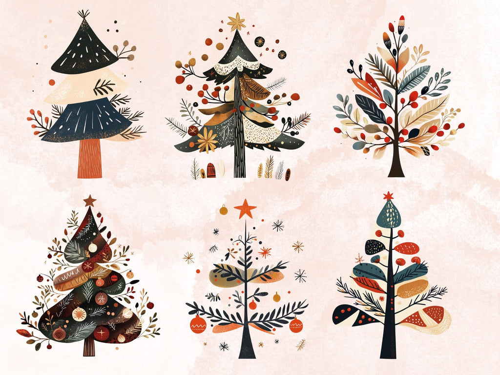 30 PNG Scandinavian Christmas Tree Clipart, Christmas Tree Folk Art Illustrations Clip art, Winter Holiday png, Nordic Xmas Noel Ornaments