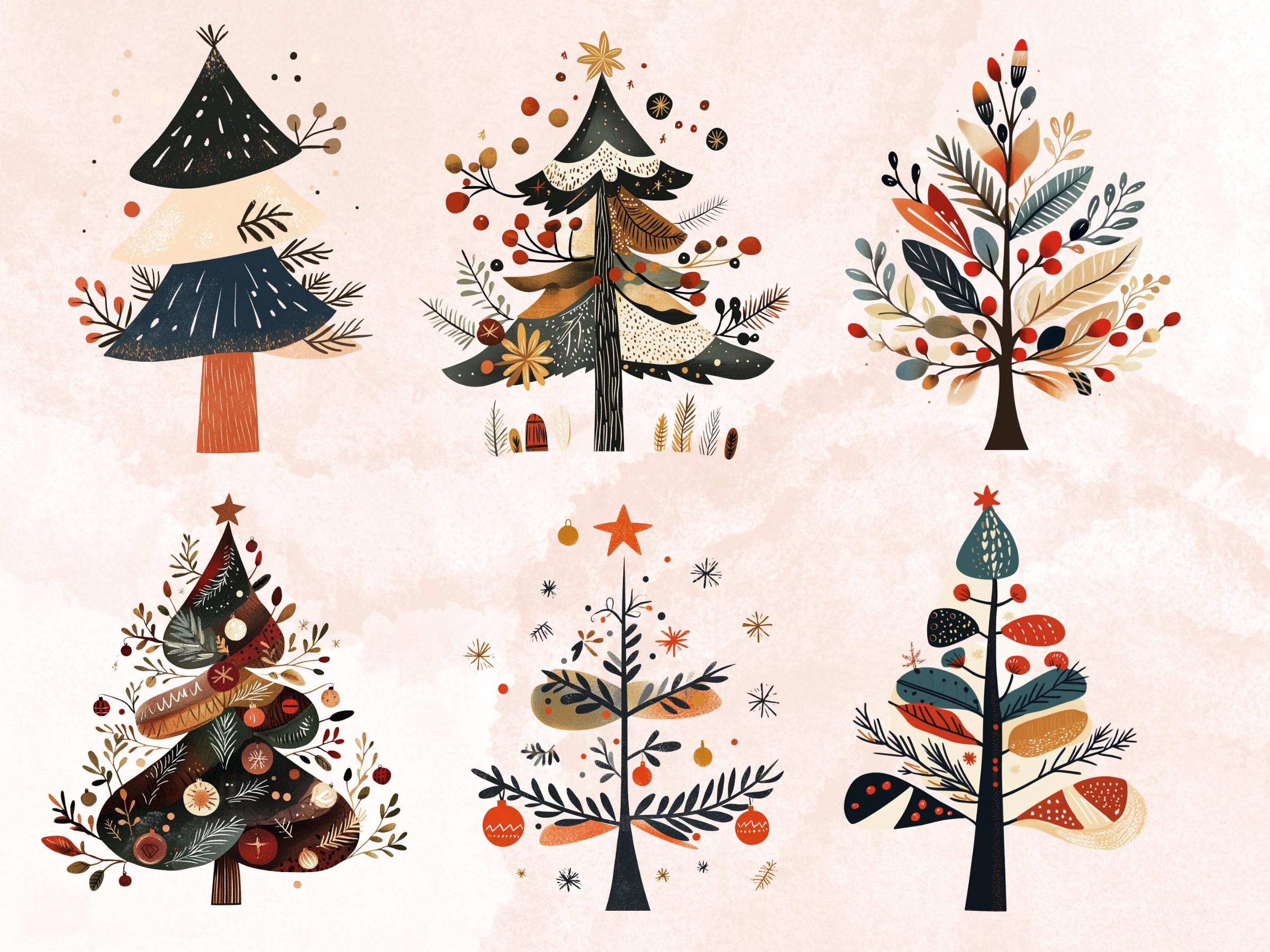 30 PNG Scandinavian Christmas Tree Clipart, Christmas Tree Folk Art Illustrations Clip art, Winter Holiday png, Nordic Xmas Noel Ornaments