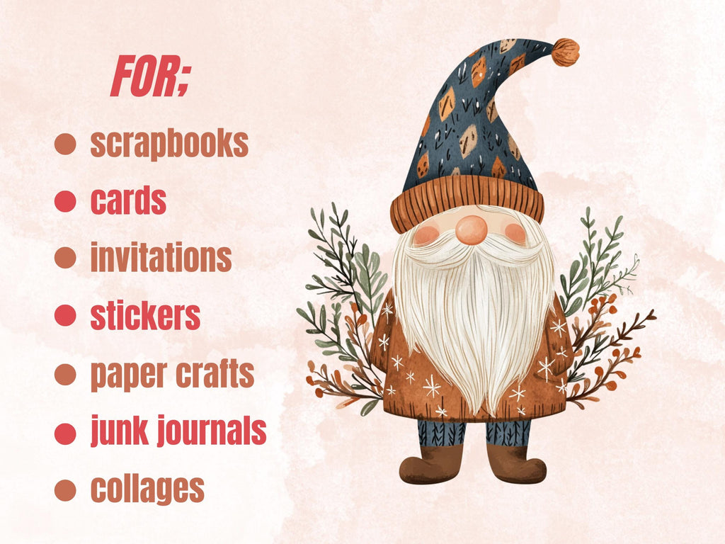 30 PNG Scandinavian Christmas Gnome Clipart, Christmas Gnome Folk Art Illustrations Clip art, Winter Holiday png, Nordic Xmas Noel Ornaments
