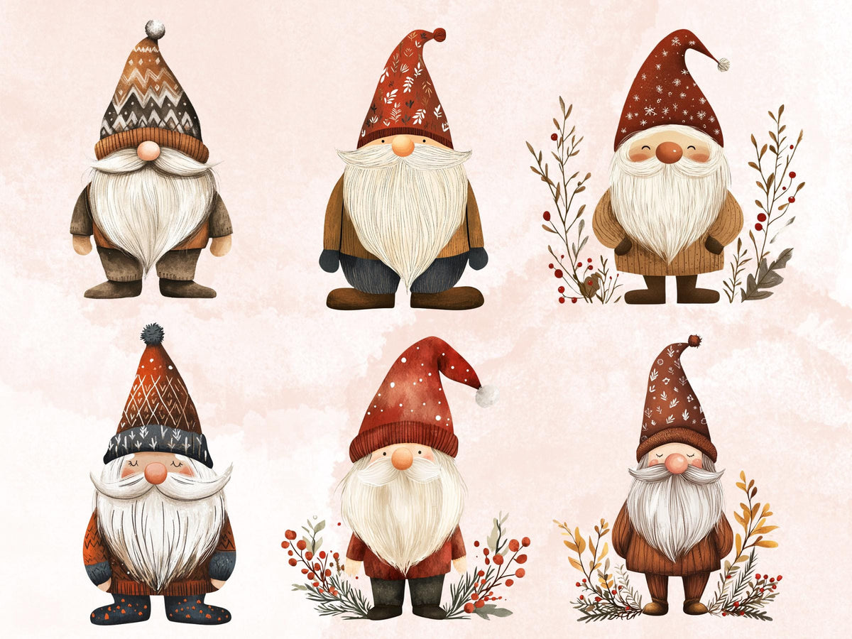30 PNG Scandinavian Christmas Gnome Clipart, Christmas Gnome Folk Art Illustrations Clip art, Winter Holiday png, Nordic Xmas Noel Ornaments