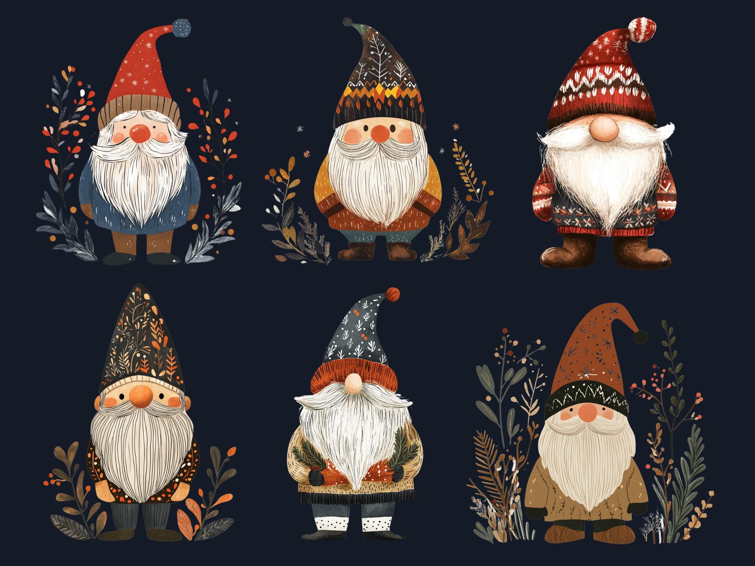 30 PNG Scandinavian Christmas Gnome Clipart, Christmas Gnome Folk Art Illustrations Clip art, Winter Holiday png, Nordic Xmas Noel Ornaments