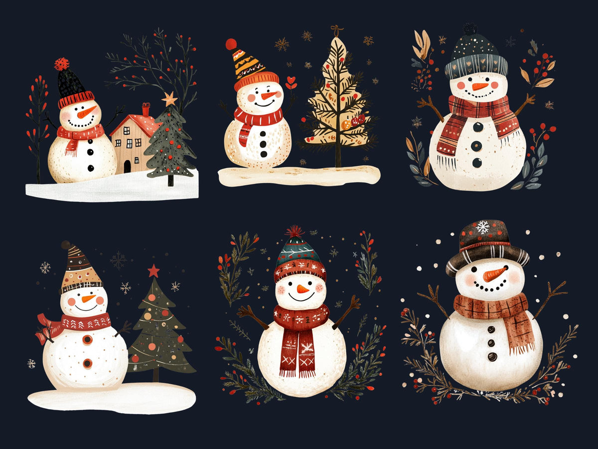 30 PNG Scandinavian Christmas Snowman Clipart, Christmas Folk Art Illustration Clip art, Winter Snowman png, Nordic Xmas Noel Ornament
