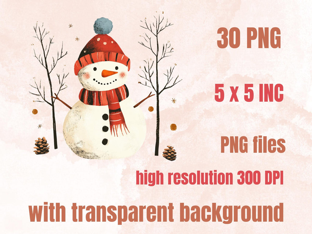 30 PNG Scandinavian Christmas Snowman Clipart, Christmas Folk Art Illustration Clip art, Winter Snowman png, Nordic Xmas Noel Ornament