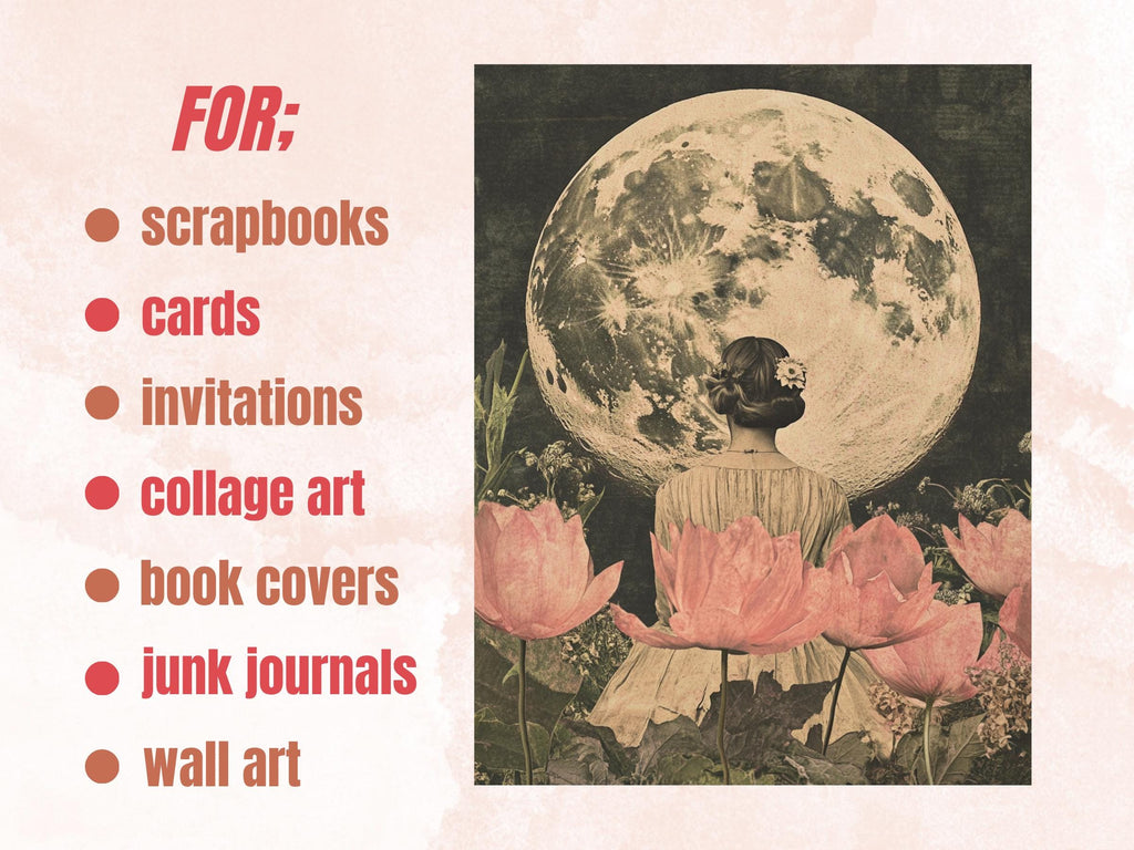 Whimsy Lunar Bloom Collage Paper, Surreal Art Mixed Media Sheet, Whimsical Ephemera Images, Quirky Junk Journal, Floral Moon Scrapbook Paper