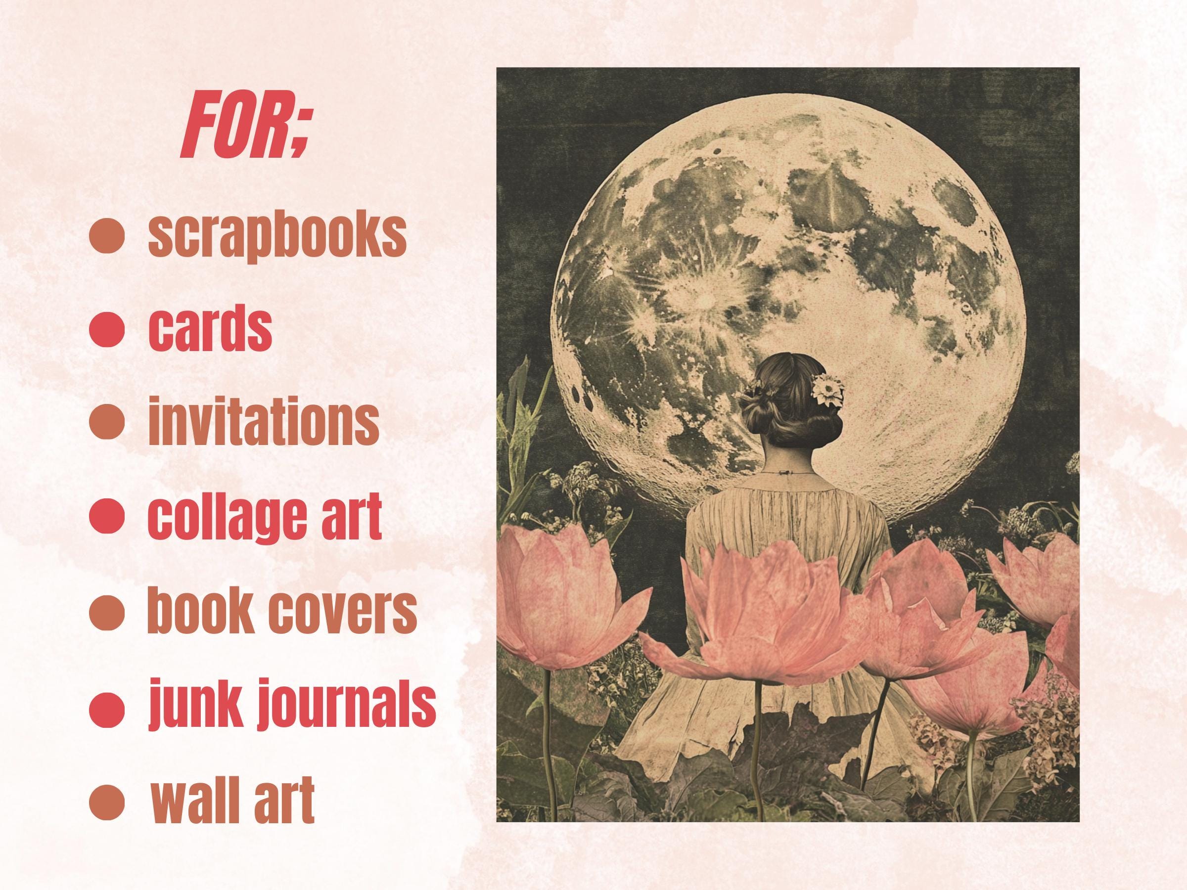 Whimsy Lunar Bloom Collage Paper, Surreal Art Mixed Media Sheet, Whimsical Ephemera Images, Quirky Junk Journal, Floral Moon Scrapbook Paper