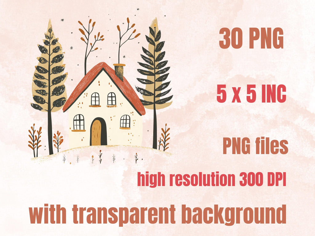 30 PNG Scandinavian Christmas House Clipart, Christmas House Folk Art Illustration Clip art, Winter Houses png, Nordic Xmas Noel Ornament