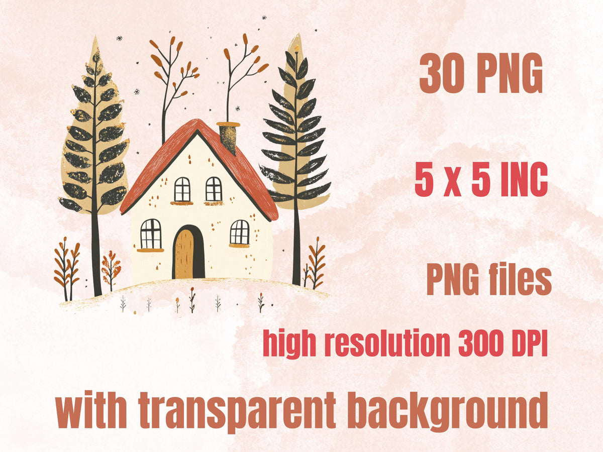 30 PNG Scandinavian Christmas House Clipart, Christmas House Folk Art Illustration Clip art, Winter Houses png, Nordic Xmas Noel Ornament