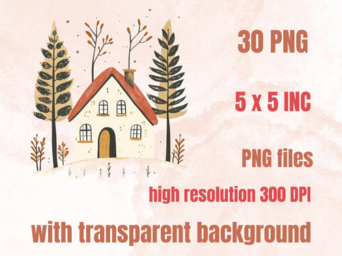 30 PNG Scandinavian Christmas House Clipart, Christmas House Folk Art Illustration Clip art, Winter Houses png, Nordic Xmas Noel Ornament