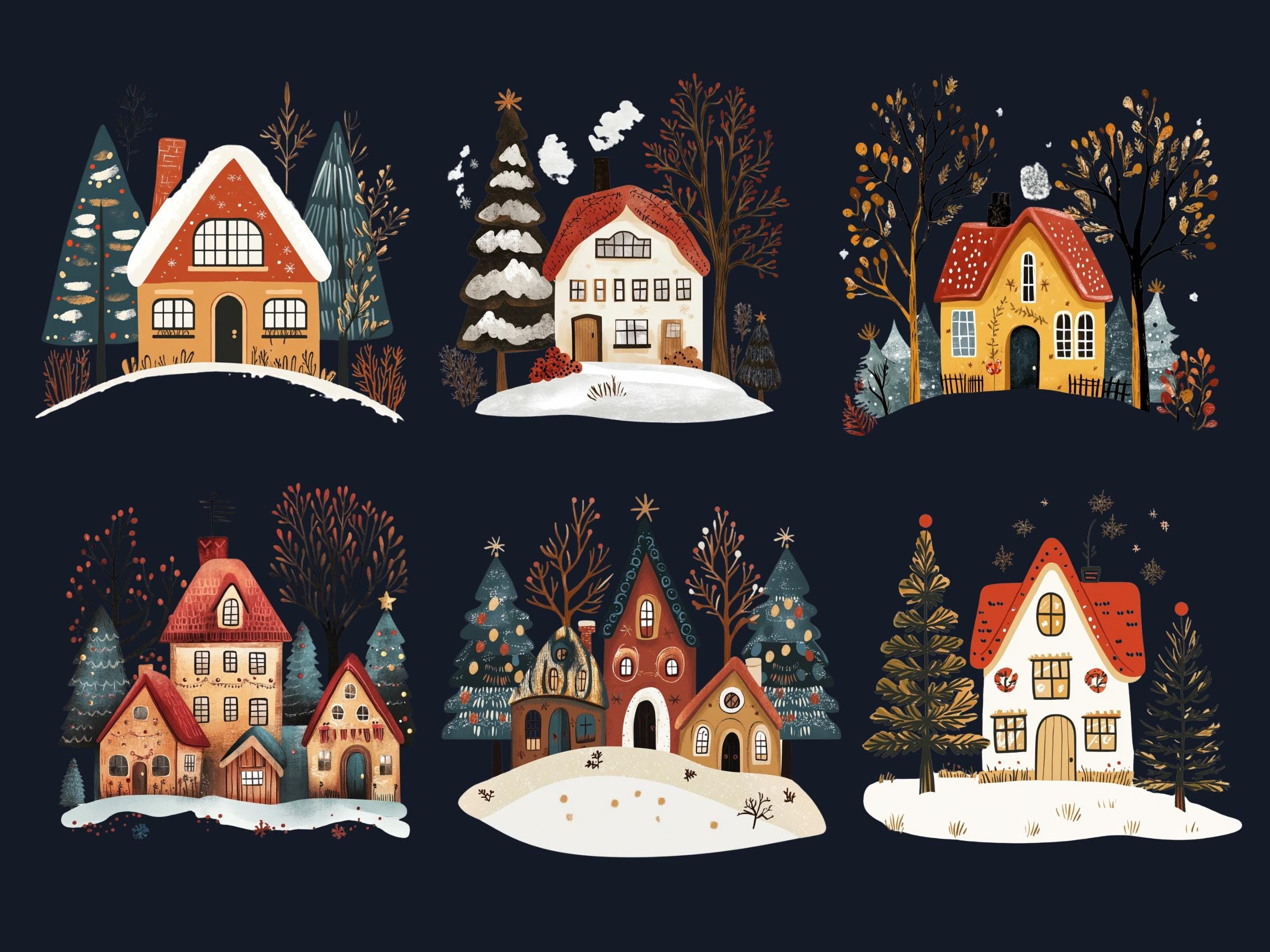 30 PNG Scandinavian Christmas House Clipart, Christmas House Folk Art Illustration Clip art, Winter Houses png, Nordic Xmas Noel Ornament