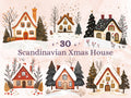 30 PNG Scandinavian Christmas House Clipart, Christmas House Folk Art Illustration Clip art, Winter Houses png, Nordic Xmas Noel Ornament