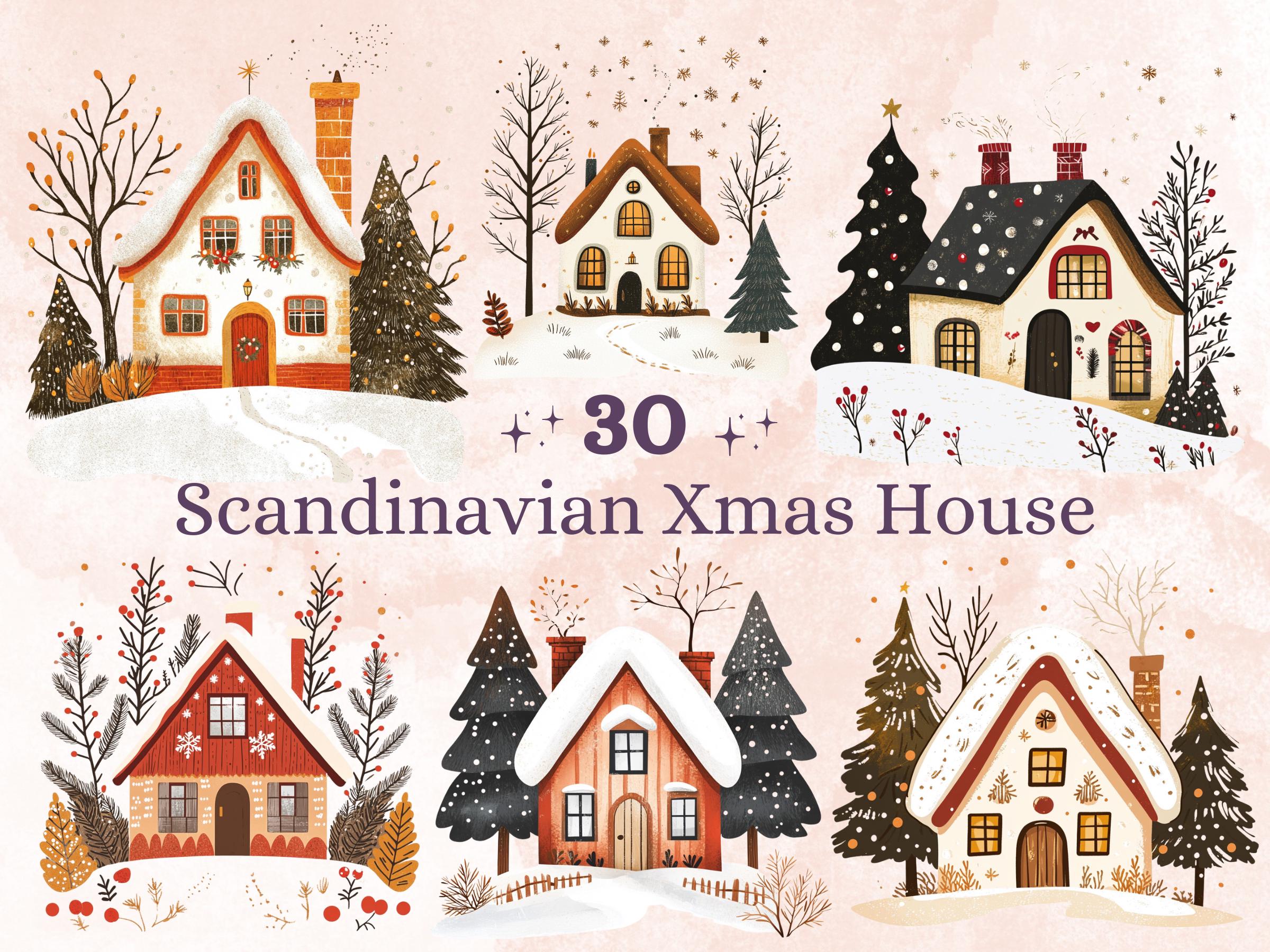 30 PNG Scandinavian Christmas House Clipart, Christmas House Folk Art Illustration Clip art, Winter Houses png, Nordic Xmas Noel Ornament