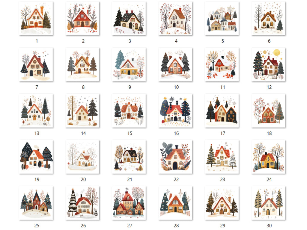 30 PNG Scandinavian Christmas House Clipart, Christmas House Folk Art Illustration Clip art, Winter Houses png, Nordic Xmas Noel Ornament