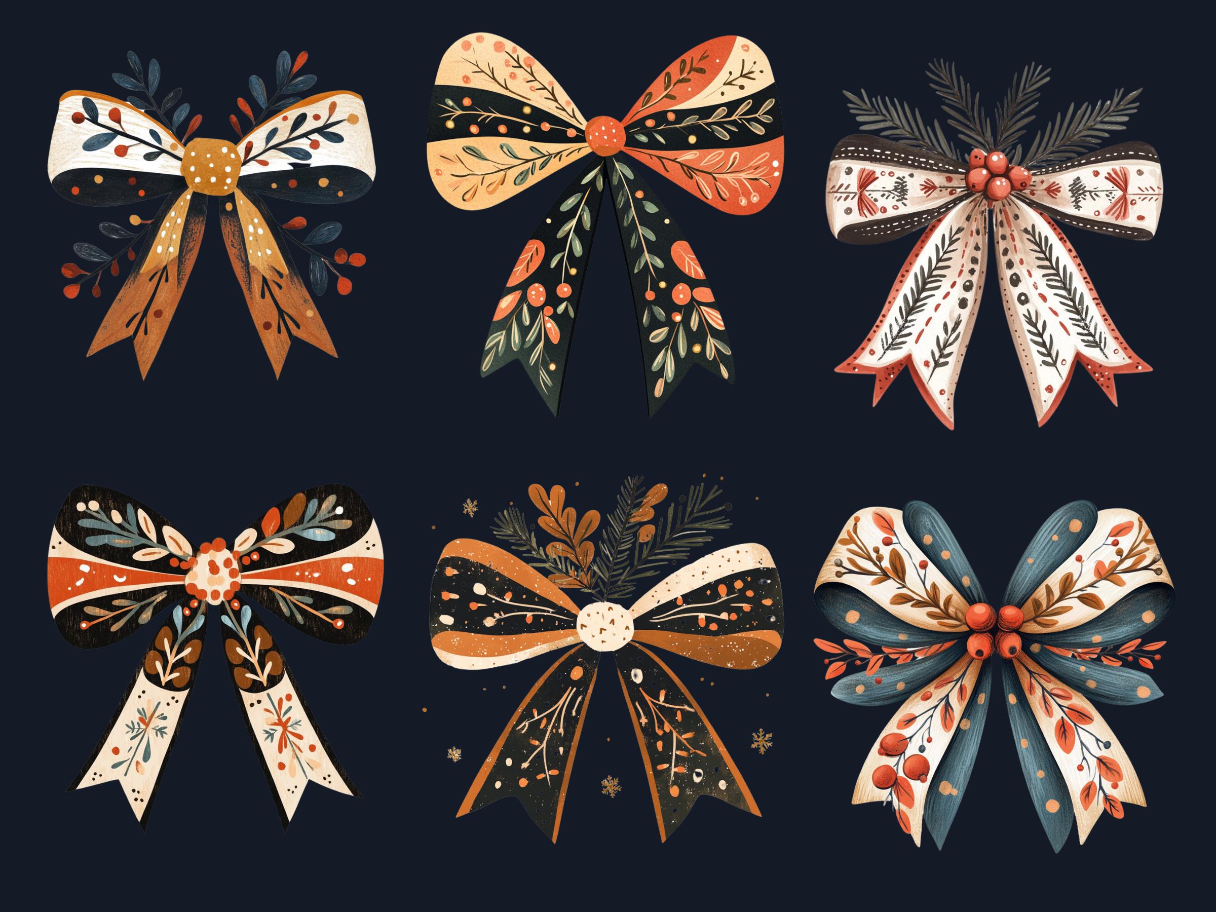 40 PNG Scandinavian Christmas Bows Clipart, Christmas Folk Art Illustration Clip art, Winter Coquette Bow png, Nordic Xmas Noel Ornament