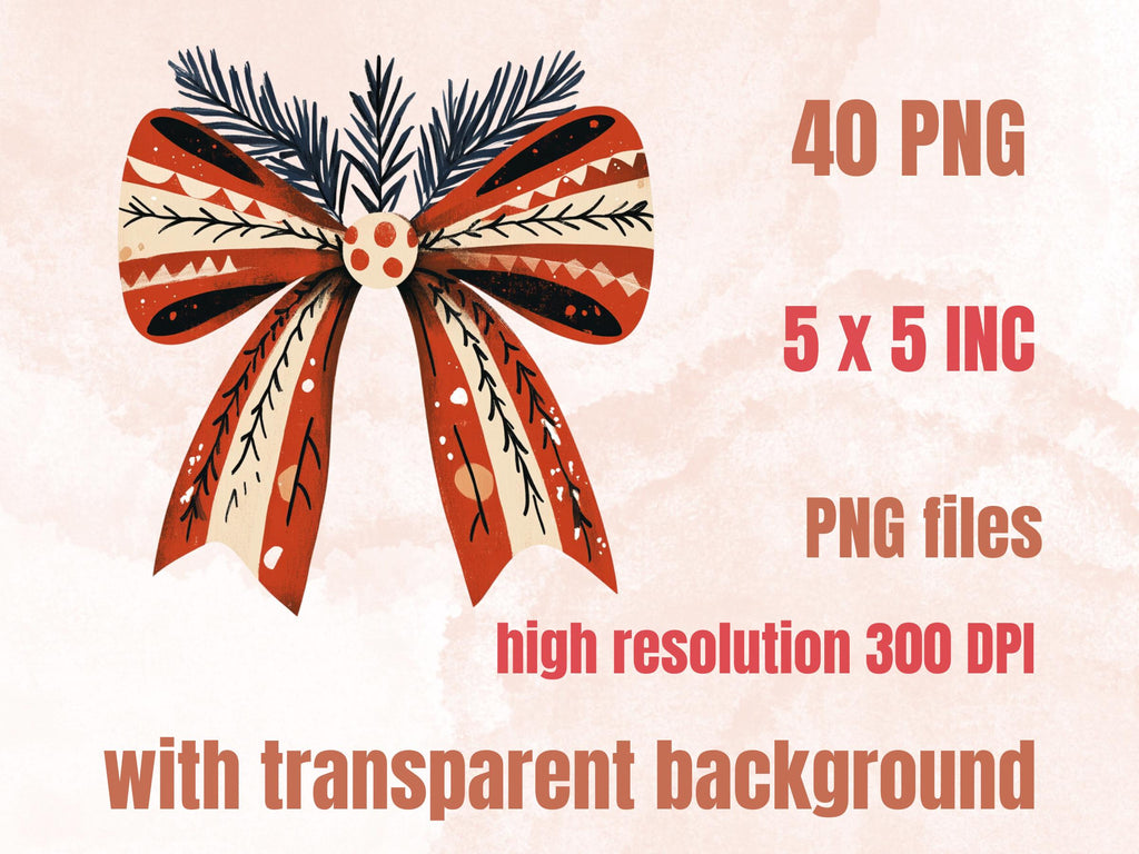 40 PNG Scandinavian Christmas Bows Clipart, Christmas Folk Art Illustration Clip art, Winter Coquette Bow png, Nordic Xmas Noel Ornament