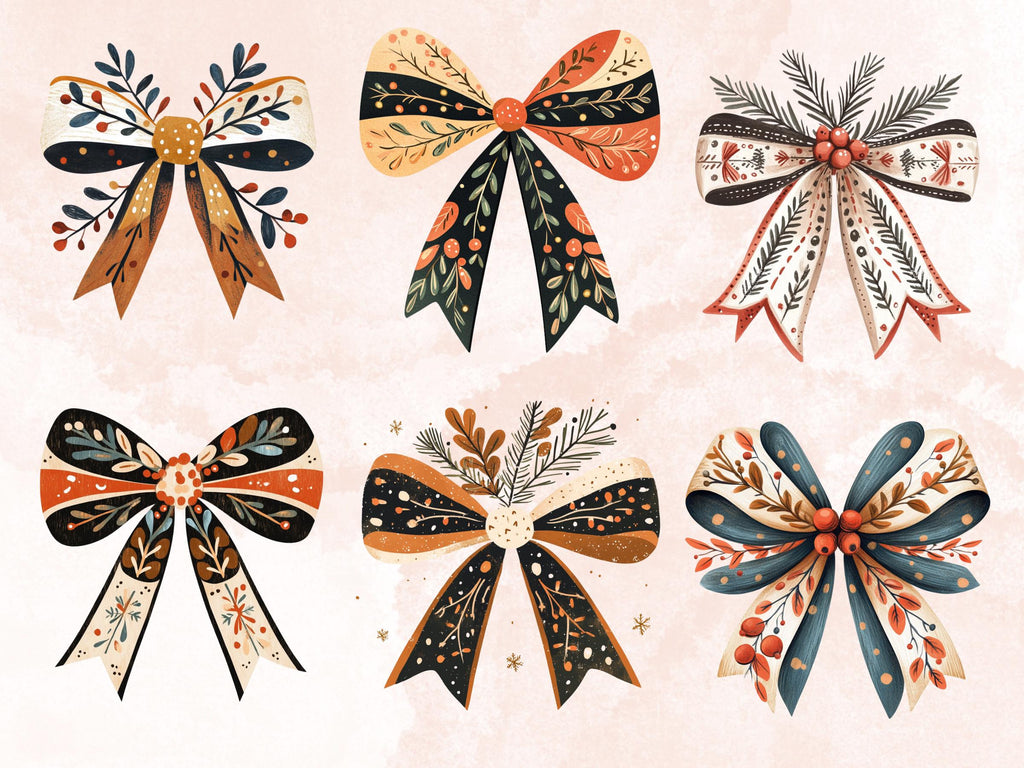 40 PNG Scandinavian Christmas Bows Clipart, Christmas Folk Art Illustration Clip art, Winter Coquette Bow png, Nordic Xmas Noel Ornament
