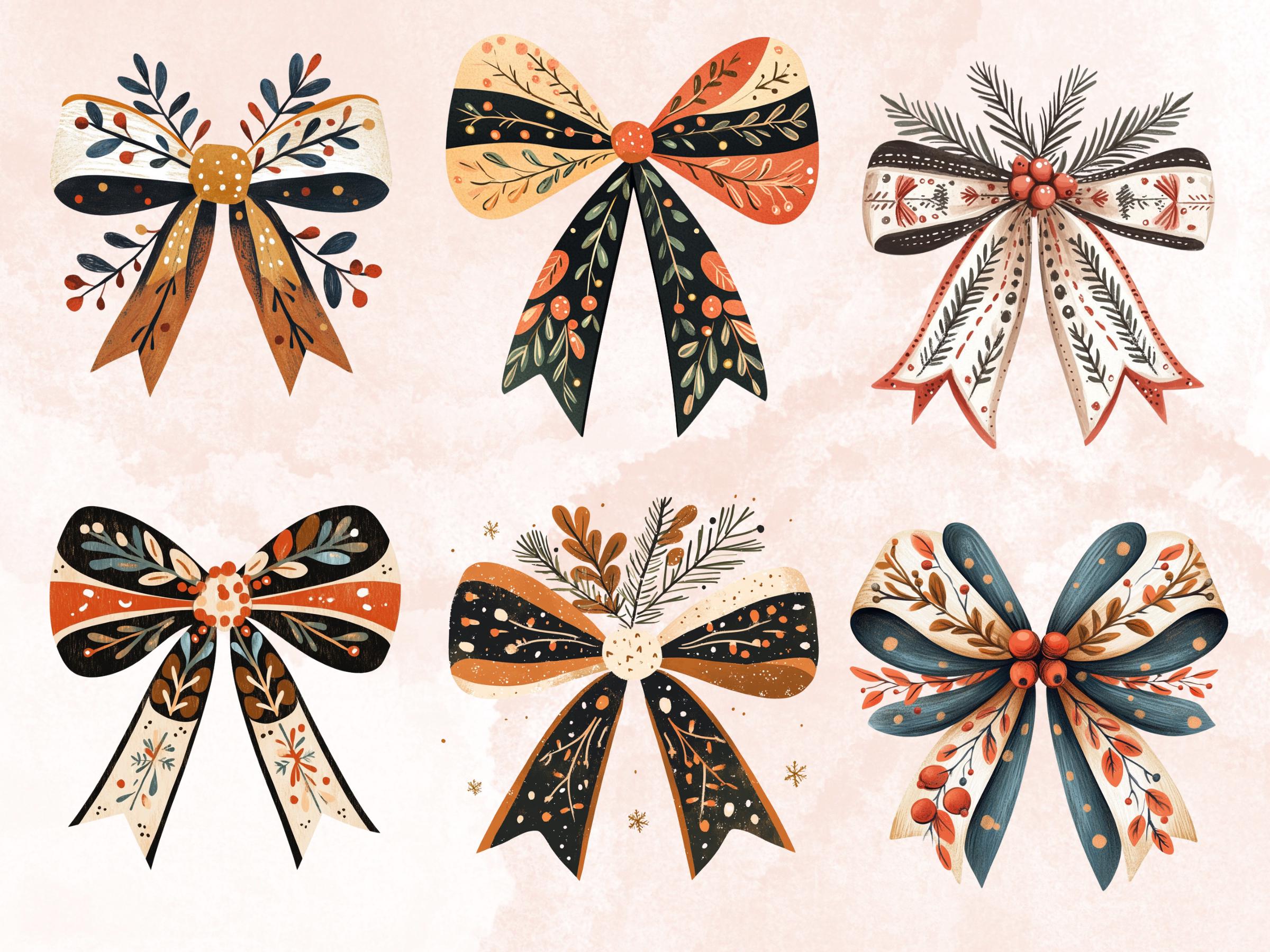 40 PNG Scandinavian Christmas Bows Clipart, Christmas Folk Art Illustration Clip art, Winter Coquette Bow png, Nordic Xmas Noel Ornament