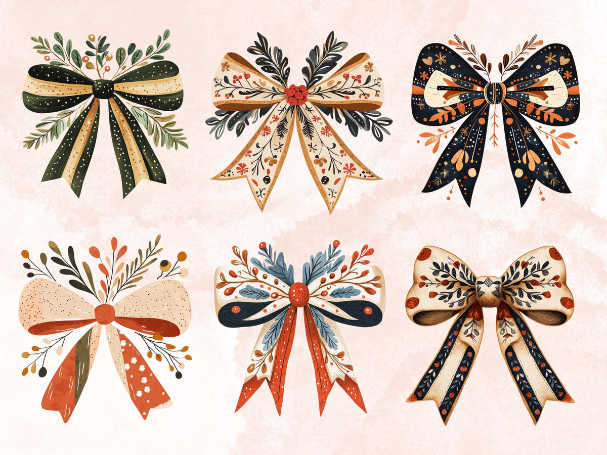40 PNG Scandinavian Christmas Bows Clipart, Christmas Folk Art Illustration Clip art, Winter Coquette Bow png, Nordic Xmas Noel Ornament