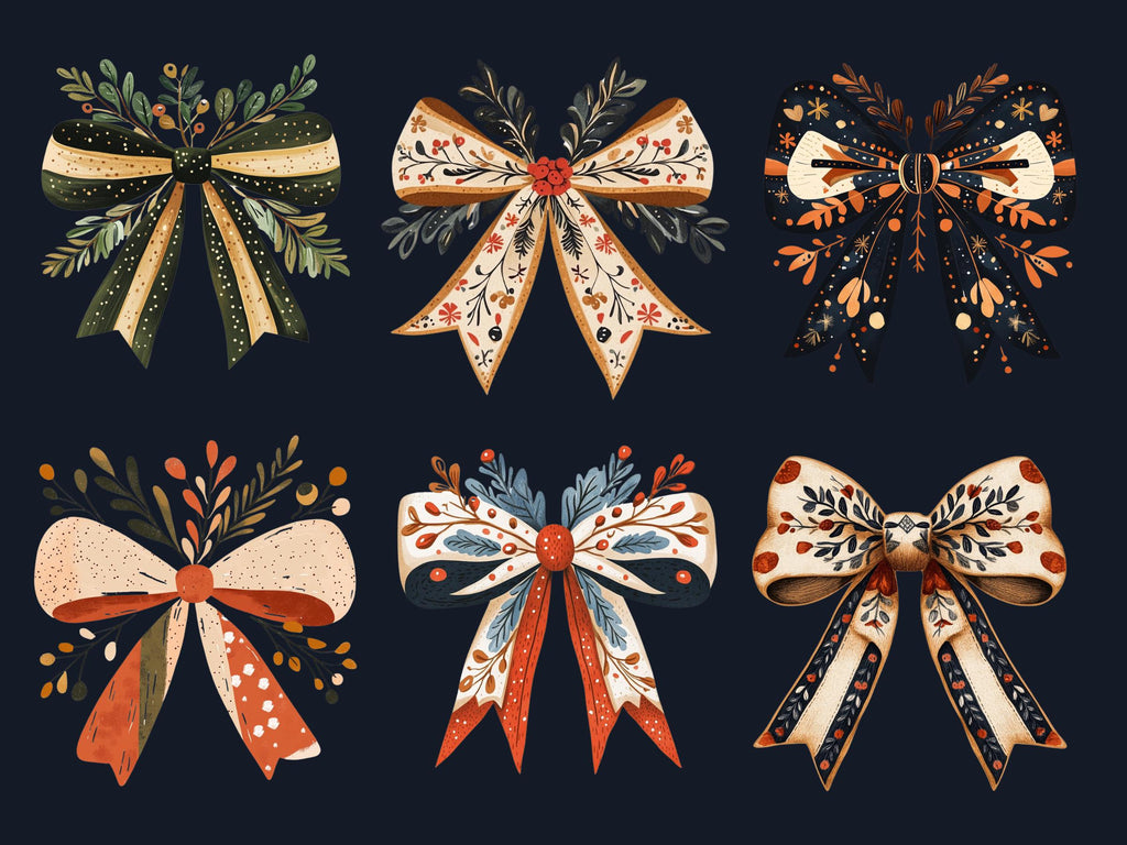 40 PNG Scandinavian Christmas Bows Clipart, Christmas Folk Art Illustration Clip art, Winter Coquette Bow png, Nordic Xmas Noel Ornament