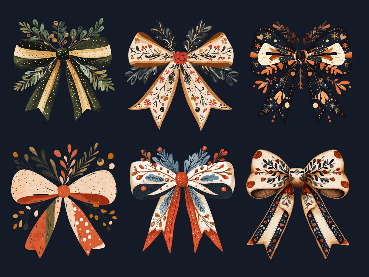 40 PNG Scandinavian Christmas Bows Clipart, Christmas Folk Art Illustration Clip art, Winter Coquette Bow png, Nordic Xmas Noel Ornament