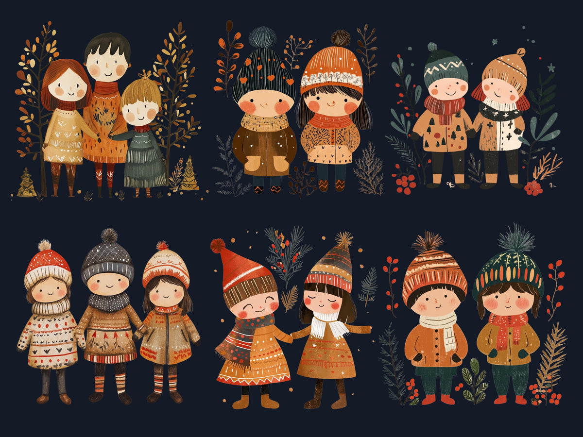 30 PNG Scandinavian Christmas Kids Clipart, Christmas Couple Folk Art Illustration Clip art, Cute Winter Xmas png, Nordic Xmas Noel Ornament