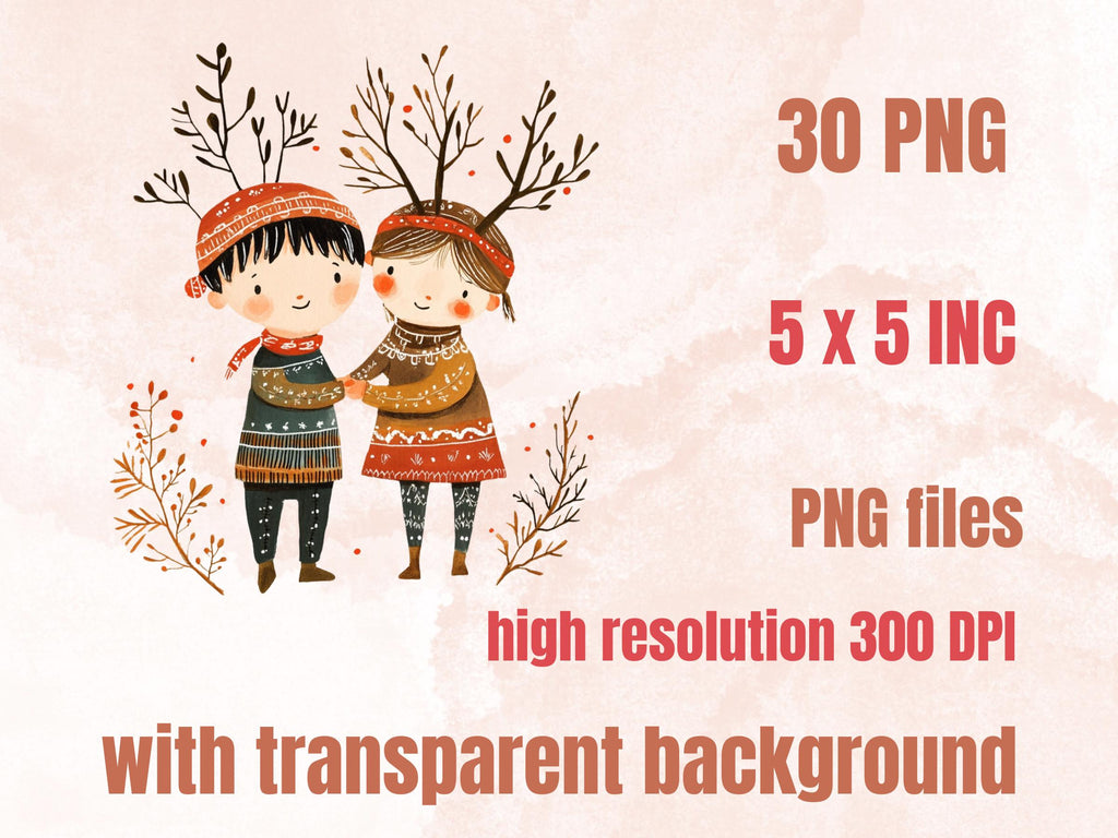 30 PNG Scandinavian Christmas Kids Clipart, Christmas Couple Folk Art Illustration Clip art, Cute Winter Xmas png, Nordic Xmas Noel Ornament