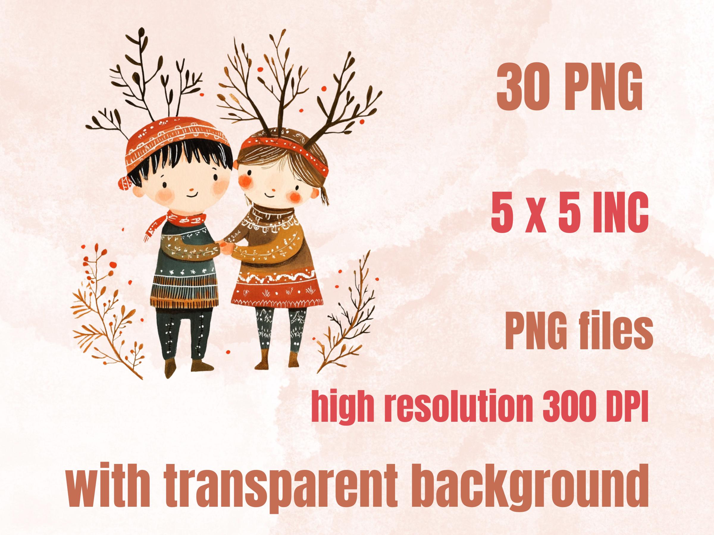 30 PNG Scandinavian Christmas Kids Clipart, Christmas Couple Folk Art Illustration Clip art, Cute Winter Xmas png, Nordic Xmas Noel Ornament