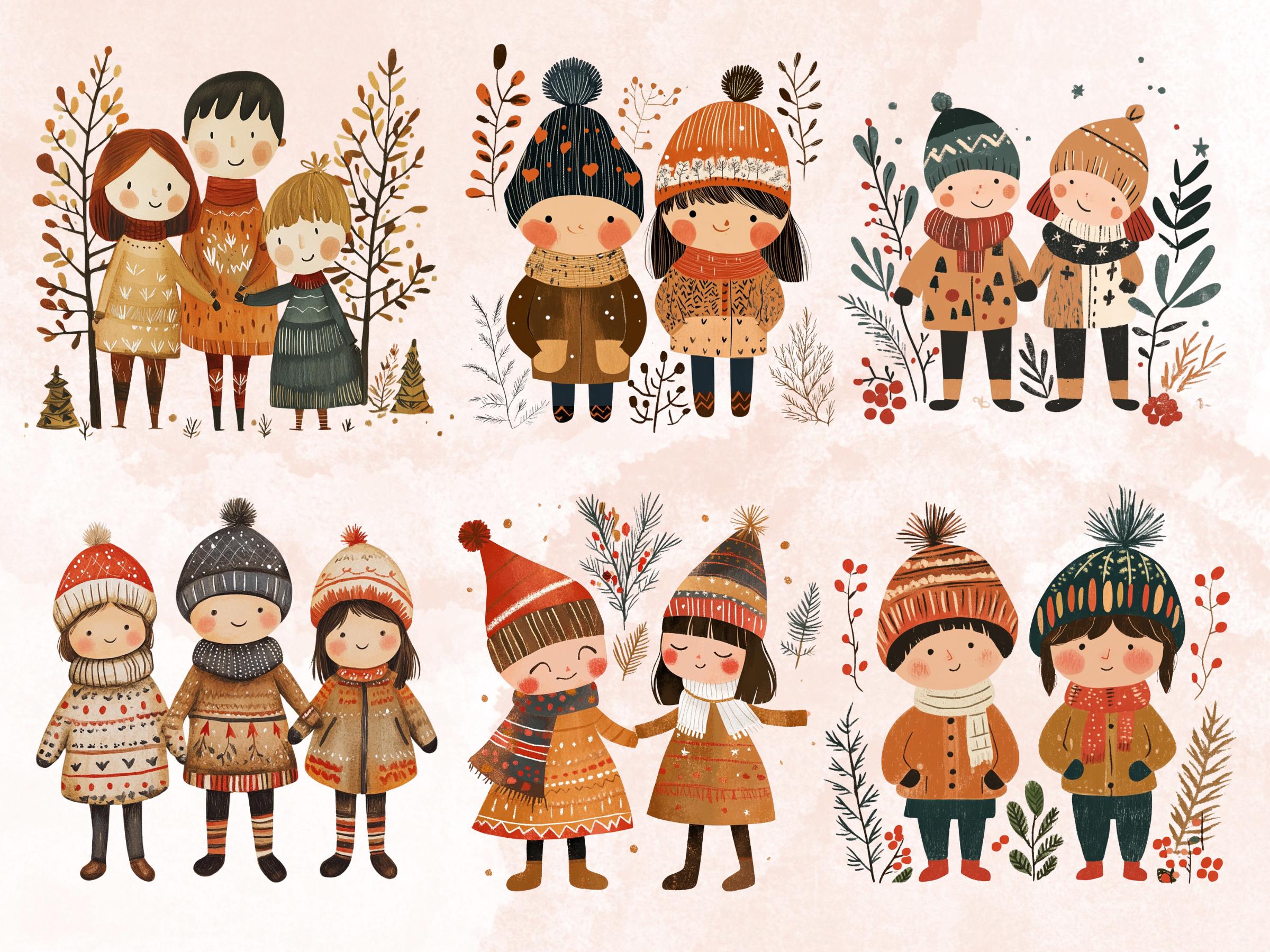 30 PNG Scandinavian Christmas Kids Clipart, Christmas Couple Folk Art Illustration Clip art, Cute Winter Xmas png, Nordic Xmas Noel Ornament