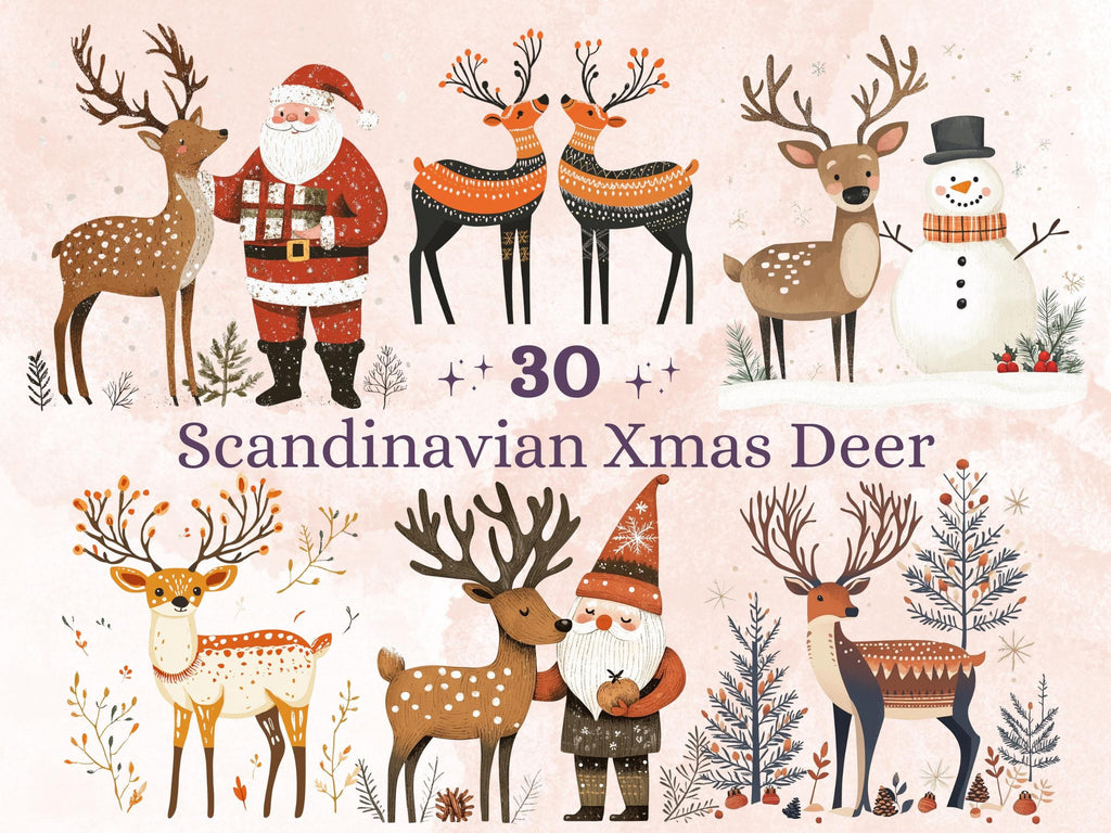 30 PNG Scandinavian Christmas Deer Clipart, Christmas Deer Folk Art Illustration Clip art, Cute Winter Xmas png, Nordic Xmas Noel Ornament