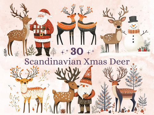 30 PNG Scandinavian Christmas Deer Clipart, Christmas Deer Folk Art Illustration Clip art, Cute Winter Xmas png, Nordic Xmas Noel Ornament
