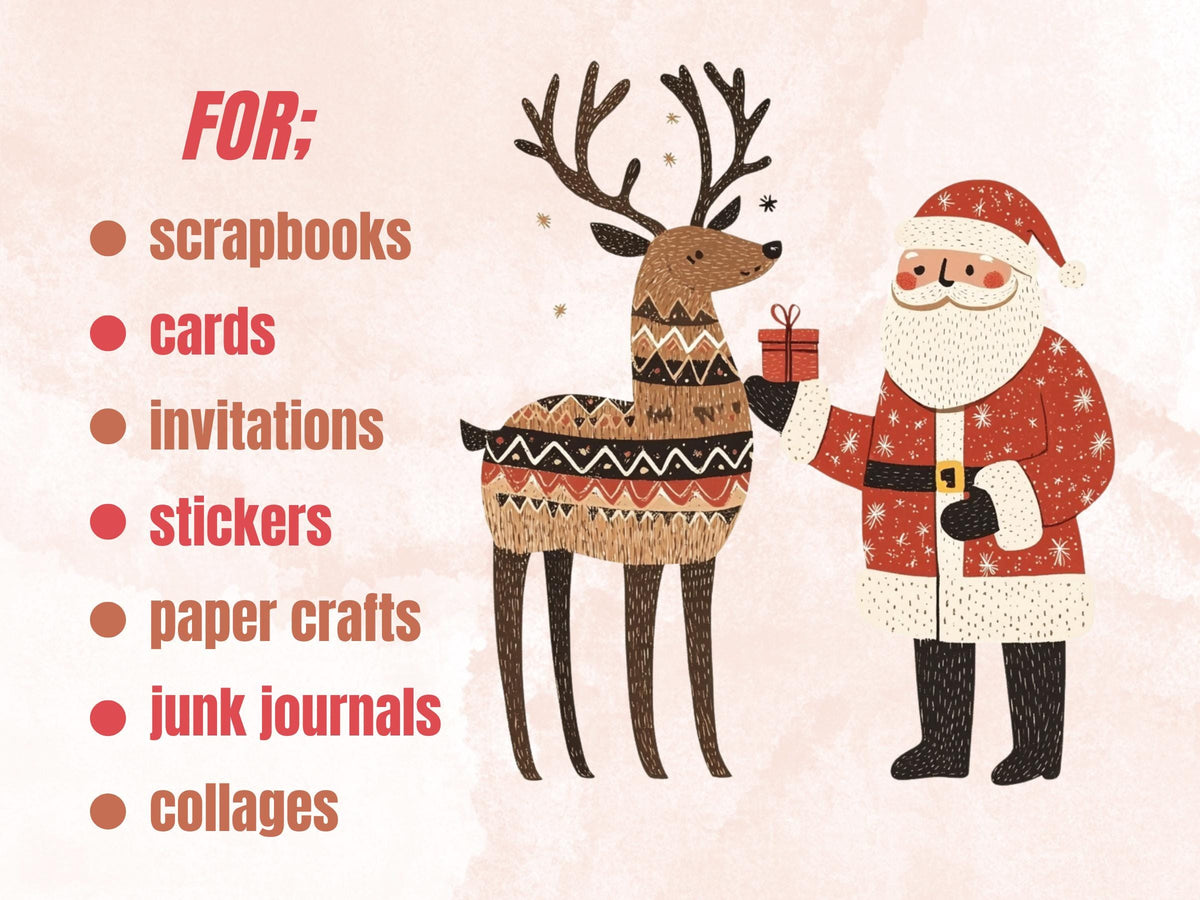 30 PNG Scandinavian Christmas Deer Clipart, Christmas Deer Folk Art Illustration Clip art, Cute Winter Xmas png, Nordic Xmas Noel Ornament