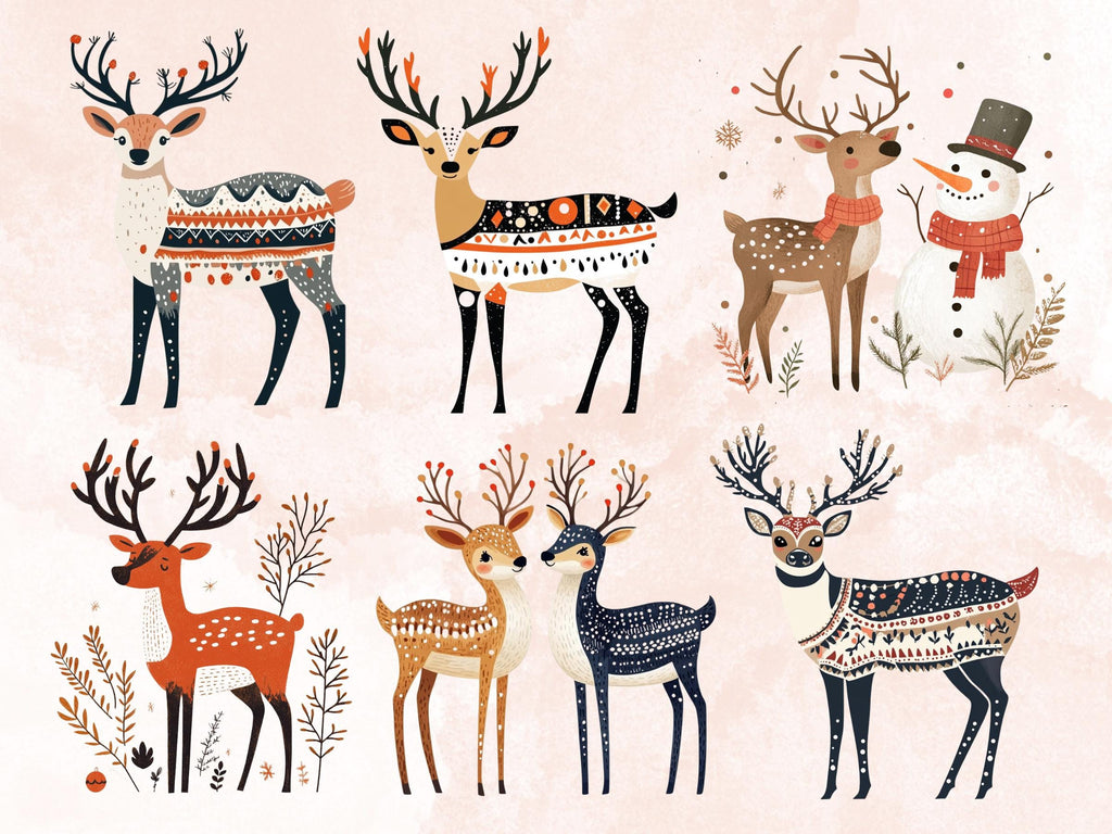 30 PNG Scandinavian Christmas Deer Clipart, Christmas Deer Folk Art Illustration Clip art, Cute Winter Xmas png, Nordic Xmas Noel Ornament